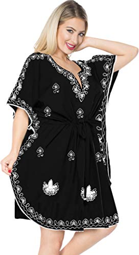 LA LEELA Mujer Kaftan Rayón Túnico Bordado Kimono Estilo Más tamaño Vestido para Loungewear Vacaciones Ropa de Dormir & Cada día Cubrir para Arriba Tops Camisolas Playa Halloween Negro_G35