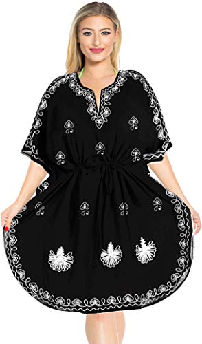 LA LEELA Mujer Kaftan Rayón Túnico Bordado Kimono Estilo Más tamaño Vestido para Loungewear Vacaciones Ropa de Dormir & Cada día Cubrir para Arriba Tops Camisolas Playa Halloween Negro_G35