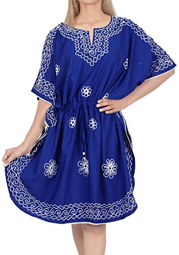 LA LEELA Mujer Kaftan Rayón Túnico Bordado Kimono Estilo Más tamaño Vestido para Loungewear Vacaciones Ropa de Dormir & Cada día Cubrir para Arriba Tops Camisolas Playa Azul_O550