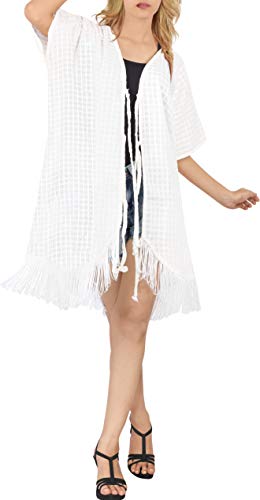 LA LEELA Mujeres Algodón Praia de Encaje Corto Kimono Cardigan Ganchillo de La Vendimia Borlas Mini Vestido Exóticas Protector Solar Ropa de Playa Ghosts Blanco_M432
