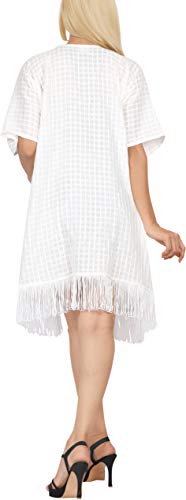 LA LEELA Mujeres Algodón Praia de Encaje Corto Kimono Cardigan Ganchillo de La Vendimia Borlas Mini Vestido Exóticas Protector Solar Ropa de Playa Ghosts Blanco_M432