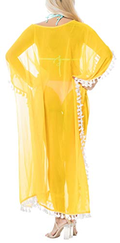LA LEELA Mujeres caftán Gasa túnica Sólido Plain Kimono Libre tamaño Largo Maxi Vestido de Fiesta para Loungewear Vacaciones Ropa de Dormir Playa Todos los días Cubrir Vestidos Amarillo_B522