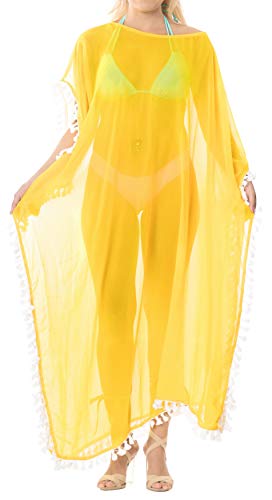 LA LEELA Mujeres caftán Gasa túnica Sólido Plain Kimono Libre tamaño Largo Maxi Vestido de Fiesta para Loungewear Vacaciones Ropa de Dormir Playa Todos los días Cubrir Vestidos Amarillo_B522