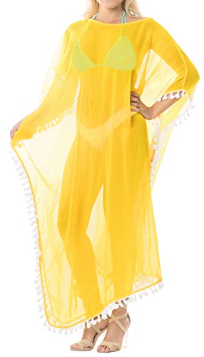 LA LEELA Mujeres caftán Gasa túnica Sólido Plain Kimono Libre tamaño Largo Maxi Vestido de Fiesta para Loungewear Vacaciones Ropa de Dormir Playa Todos los días Cubrir Vestidos Amarillo_B522