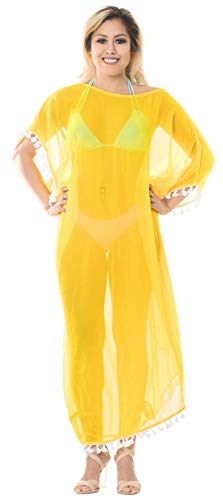 LA LEELA Mujeres caftán Gasa túnica Sólido Plain Kimono Libre tamaño Largo Maxi Vestido de Fiesta para Loungewear Vacaciones Ropa de Dormir Playa Todos los días Cubrir Vestidos Amarillo_B522