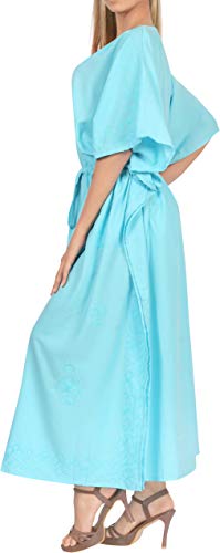 LA LEELA Mujeres caftán Rayón túnica Bordado Kimono Libre tamaño Largo Maxi Vestido de Fiesta para Loungewear Vacaciones Ropa de Dormir Playa Todos los días Cubrir Vestidos Azul_P885