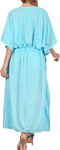 LA LEELA Mujeres caftán Rayón túnica Bordado Kimono Libre tamaño Largo Maxi Vestido de Fiesta para Loungewear Vacaciones Ropa de Dormir Playa Todos los días Cubrir Vestidos Azul_P885