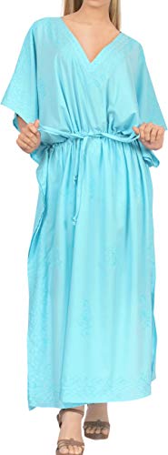 LA LEELA Mujeres caftán Rayón túnica Bordado Kimono Libre tamaño Largo Maxi Vestido de Fiesta para Loungewear Vacaciones Ropa de Dormir Playa Todos los días Cubrir Vestidos Azul_P885