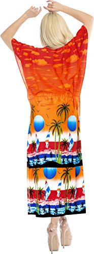 LA LEELA Mujeres caftán túnica Impreso Kimono Libre tamaño Largo Maxi Vestido de Fiesta para Loungewear Vacaciones Ropa de Dormir Playa Todos los días Cubrir Vestidos Calabaza Naranja_I797