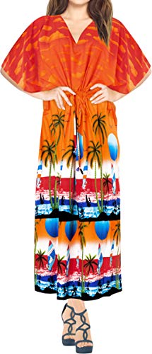LA LEELA Mujeres caftán túnica Impreso Kimono Libre tamaño Largo Maxi Vestido de Fiesta para Loungewear Vacaciones Ropa de Dormir Playa Todos los días Cubrir Vestidos Calabaza Naranja_I797