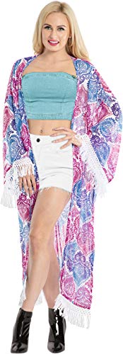 LA LEELA Mujeres de Gasa Praia de Encaje Largo Kimono Cardigan Ganchillo de La Vendimia Borlas Midi Vestido Exóticas Protector Solar Ropa de Playa Rosa_Y268