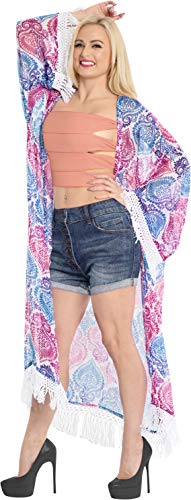 LA LEELA Mujeres de Gasa Praia de Encaje Largo Kimono Cardigan Ganchillo de La Vendimia Borlas Midi Vestido Exóticas Protector Solar Ropa de Playa Rosa_Y268