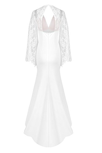 La Mujer Es Elegante, Profundo Cuello En V Manga De Encaje De Sirena Trompeta Vestido De Coctel De Noche Maxi White M