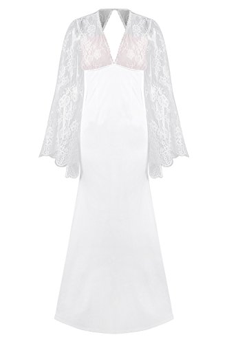 La Mujer Es Elegante, Profundo Cuello En V Manga De Encaje De Sirena Trompeta Vestido De Coctel De Noche Maxi White M