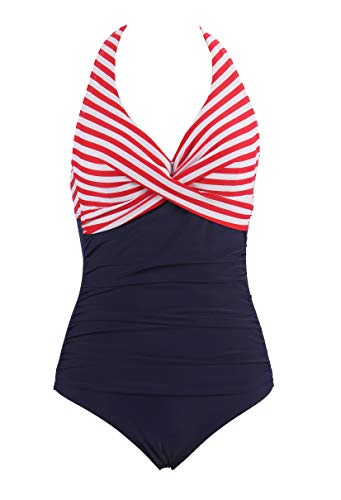 LA ORCHID Laorchid - Bañador de una pieza para mujer, push up, tallas grandes, cuello en V, sexy y atado al cuello, monokini para adelgazar Rayas rojas. 46