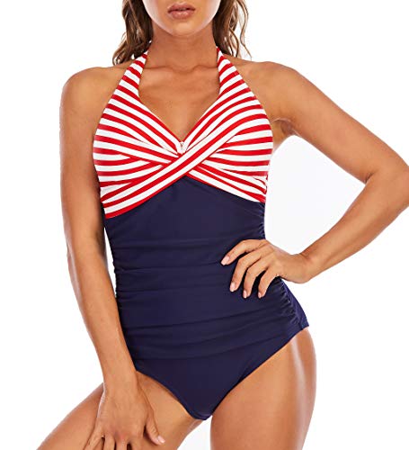 LA ORCHID Laorchid - Bañador de una pieza para mujer, push up, tallas grandes, cuello en V, sexy y atado al cuello, monokini para adelgazar Rayas rojas. 46