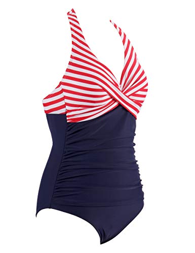 LA ORCHID Laorchid - Bañador de una pieza para mujer, push up, tallas grandes, cuello en V, sexy y atado al cuello, monokini para adelgazar Rayas rojas. 46