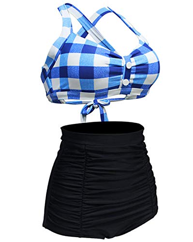 LA ORCHID Laorchid Rockabilly 1950s - Traje de baño para mujer (cintura alta, sin plancha, a cuadros) Rejilla azul y blanco. 46