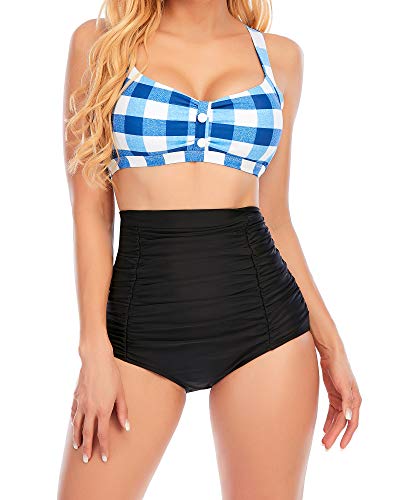 LA ORCHID Laorchid Rockabilly 1950s - Traje de baño para mujer (cintura alta, sin plancha, a cuadros) Rejilla azul y blanco. 46