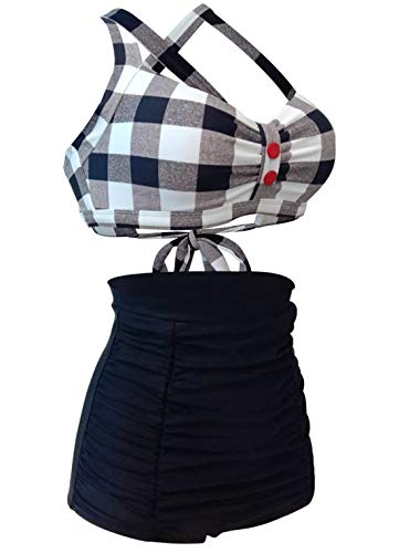 LA ORCHID Laorchid Rockabilly 1950s - Traje de baño para mujer (cintura alta, sin plancha, a cuadros) Rejilla blanca y negra. 36-38