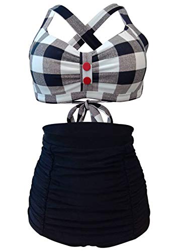 LA ORCHID Laorchid Rockabilly 1950s - Traje de baño para mujer (cintura alta, sin plancha, a cuadros) Rejilla blanca y negra. 36-38