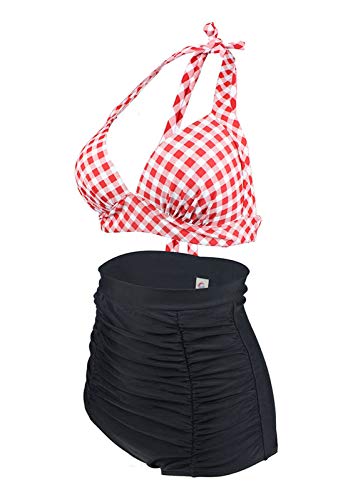 LA ORCHID Rockabilly - Conjunto de bikini, Top de cuello halter con copas moldeadas y sin aros, Pantalones cortos de cintura alta con control de barriga para mujer [40] Rojo Y Blanco.