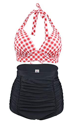 LA ORCHID Rockabilly - Conjunto de bikini, Top de cuello halter con copas moldeadas y sin aros, Pantalones cortos de cintura alta con control de barriga para mujer [40] Rojo Y Blanco.