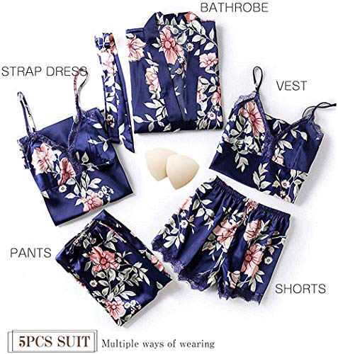 Lachi 2/5PCS Kimono Mujer Pijama Saten Conjunto de Bata Camisón Floral para Dormir Casa Ducha Noche Albornoces + Camisón+ Chaleco + Pantalones Cortos y Largo Satén Encaje Floral