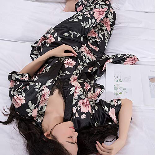 Lachi 2/5PCS Kimono Mujer Pijama Saten Conjunto de Bata Camisón Floral para Dormir Casa Ducha Noche Albornoces + Camisón+ Chaleco + Pantalones Cortos y Largo Satén Encaje Floral