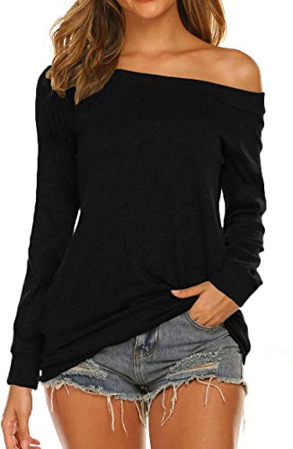 Lalala Camiseta de manga larga para mujer, parte superior con hombros descubiertos, camiseta de manga larga Negro S