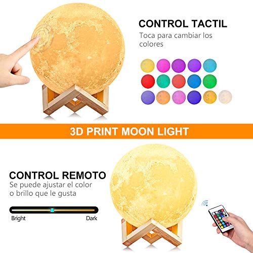 Lámpara de Luna, AGM 16 Colores LED Luz Luna, 15cm Lampara Luna Nocturna Control Remoto & Táctil, Cargador USB Lámpara de Ambiente para Regalo de Fiesta