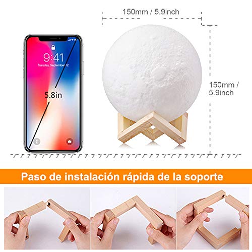 Lámpara de Luna, AGM 16 Colores LED Luz Luna, 15cm Lampara Luna Nocturna Control Remoto & Táctil, Cargador USB Lámpara de Ambiente para Regalo de Fiesta