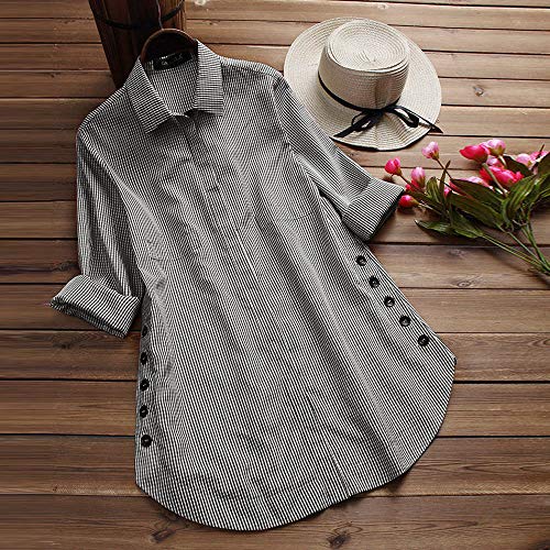 LANSKIRT Camisa de Las Mujeres Impresión de Cuadros Manga Larga Tallas Grandes Loose Casual Blusa con Botones en la Parte Superior del botón de Bolsillo