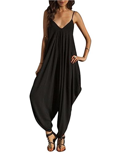 LaoZan Mujer Mono De Harem Talla Grande Jumpsuits Cuello En V De Tirantes Bodysuit Mono Playsuit Rompers Clubwear Negro L