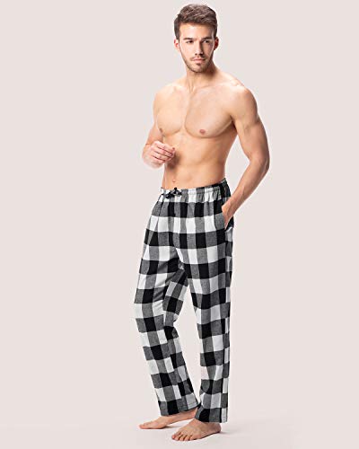 LAPASA PerfectSleep - Pijama de 100% Algodón Franela con Estampado Escocés para Hombre M39 (Negro Y Gris, S (Cintura 71-76, Largo 106 cm))