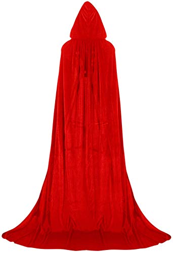Larga Capa de Vampiro Diablo de Terciopelo con Capucha para Disfraz de Fiesta Halloween y Carnaval,Talla Unica,para Adulto Mujeres Hombres (roja)
