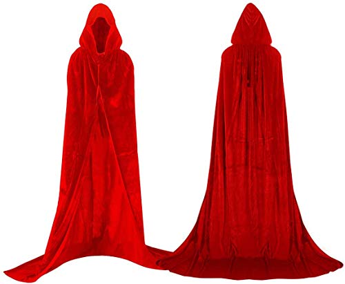 Larga Capa de Vampiro Diablo de Terciopelo con Capucha para Disfraz de Fiesta Halloween y Carnaval,Talla Unica,para Adulto Mujeres Hombres (roja)