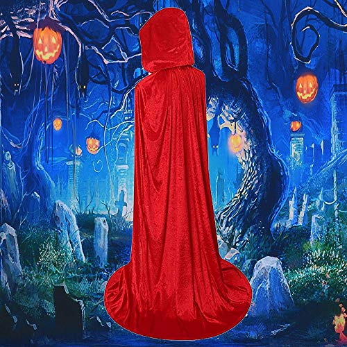 Larga Capa de Vampiro Diablo de Terciopelo con Capucha para Disfraz de Fiesta Halloween y Carnaval,Talla Unica,para Adulto Mujeres Hombres (roja)