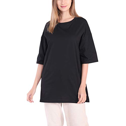 Largas Camisetas Mujer Verano Moda Blanco Negro Algodón Basicas Anchas Túnica Camisas Tops Tallas Grandes Oversize (Negro, L)