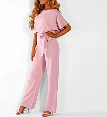 Largos Elegante Verano Tallas Grandes Mono de Manga Corta señoras Jumpsuit Monos Mujer Fiesta Playsuits con Cinturón de Lazo Clubwear Monos (Rosado,L)