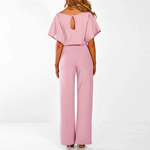 Largos Elegante Verano Tallas Grandes Mono de Manga Corta señoras Jumpsuit Monos Mujer Fiesta Playsuits con Cinturón de Lazo Clubwear Monos (Rosado,L)
