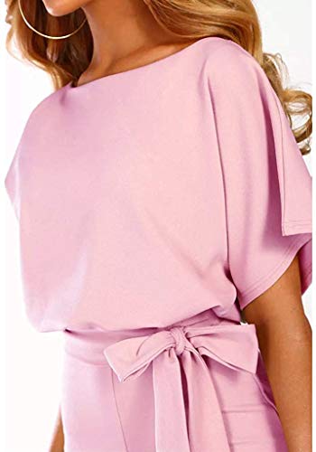 Largos Elegante Verano Tallas Grandes Mono de Manga Corta señoras Jumpsuit Monos Mujer Fiesta Playsuits con Cinturón de Lazo Clubwear Monos (Rosado,L)