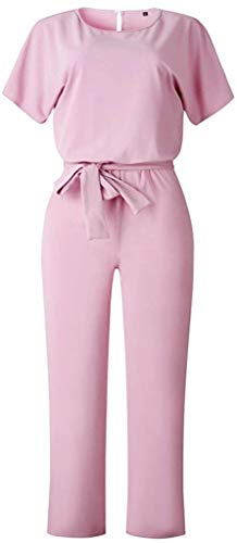 Largos Elegante Verano Tallas Grandes Mono de Manga Corta señoras Jumpsuit Monos Mujer Fiesta Playsuits con Cinturón de Lazo Clubwear Monos (Rosado,L)
