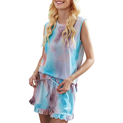 Las mujeres 2PCS Pijama sin mangas Tie Dyeing Print Sport Top Ruffle Straps Pantalones de banda elástica