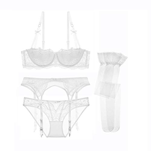 Las Mujeres empujan hacia Arriba los Sujetadores Conjunto de Encaje lencería Sujetador y Bragas y Liga y Media 4pcs (Blanco, 95C (UK 36C))