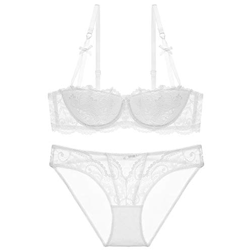 Las Mujeres empujan hacia Arriba los Sujetadores Conjunto de Encaje lencería Sujetador y Bragas y Liga y Media 4pcs (Blanco, 95C (UK 36C))