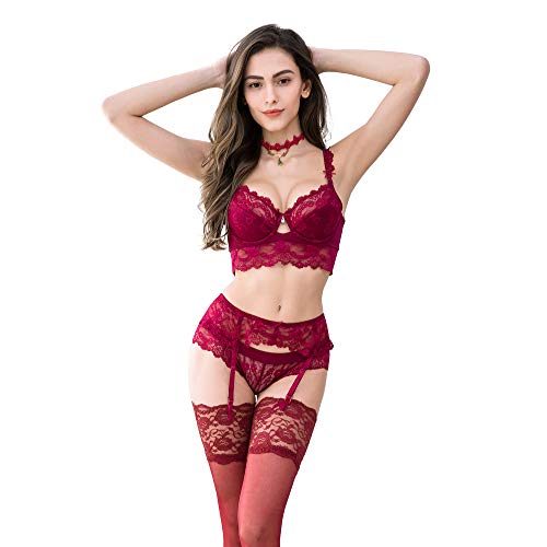 Las Mujeres empujan hacia Arriba los Sujetadores de Bordado Conjunto de Encaje lencería Sujetador y Bragas y Calcetines 4 Piezas LENCERÍA (Rojo, 105C)