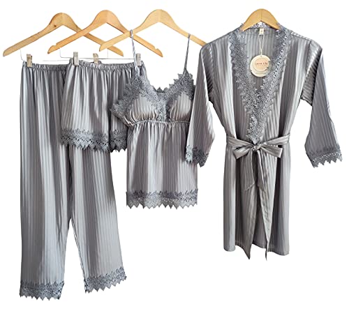 Laura Lily - Pijama Mujer de Seda Satén a Rayas Color Liso con Encaje Conjunto de 4 Piezas (Gris Plata, M-L)
