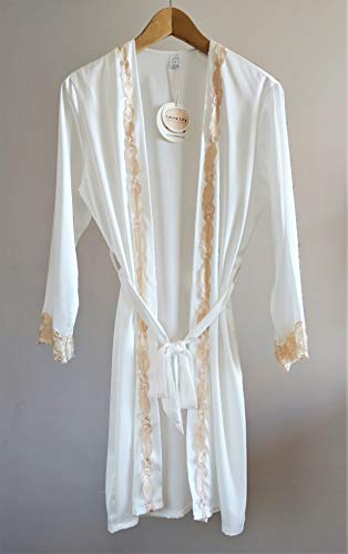 Laura Lily - Pijamas Mujer de Seda Satén y Color Liso con Encaje Dorado Conjunto de 5 Piezas (Blanco, M-L)