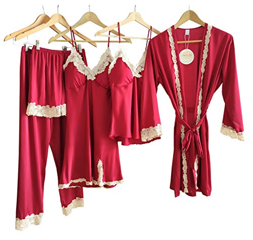 Laura Lily - Pijamas Mujer de Seda Satén y Color Liso con Encaje Dorado Conjunto de 5 Piezas (Rojo Burdeos, M-L)